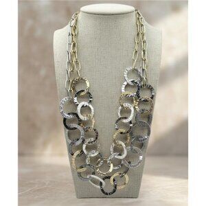 Hammered Metal Circle Link Statement Necklace Triple Strand Silver Gold Gunmetal